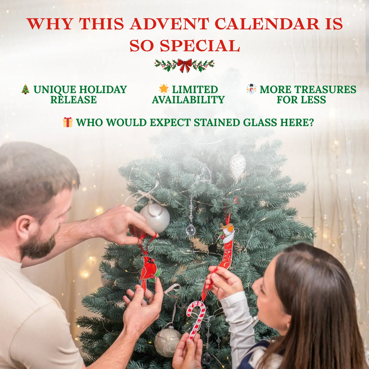 Two people decorating a Christmas tree with staines glass ornaments from advent calendar