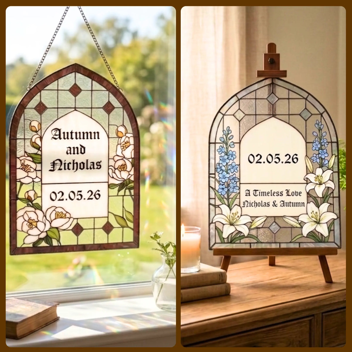 Two stained glass wedding panels with floral designs and personalized text, one hanging by a window and the other on a stand.