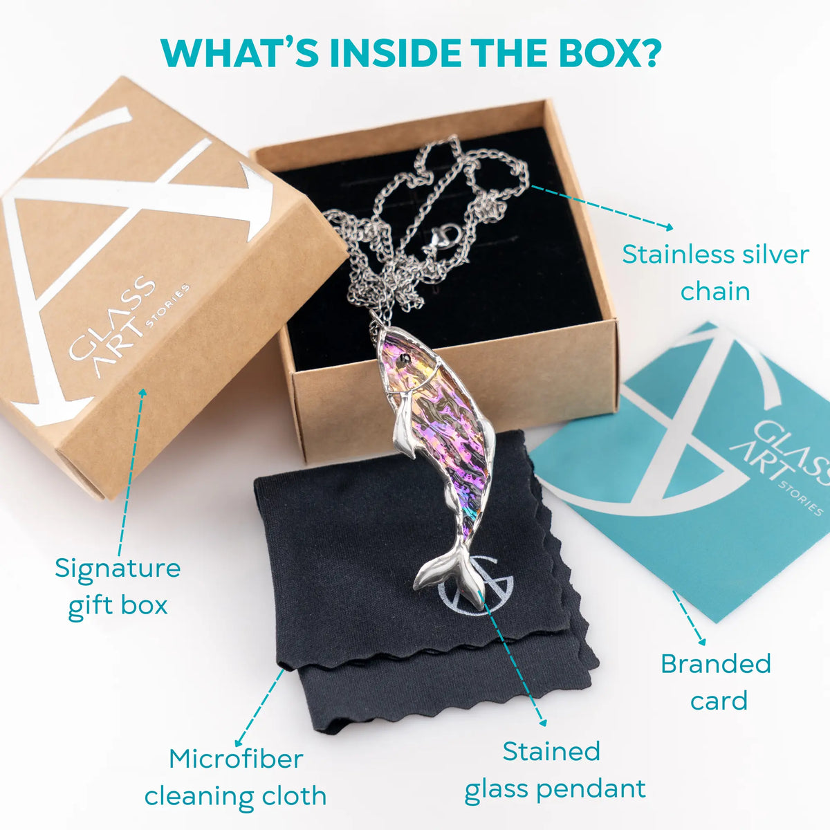 Glass Art Studio jewelry set with pendant, chain, cleaning cloth, and branded card on a white background.
