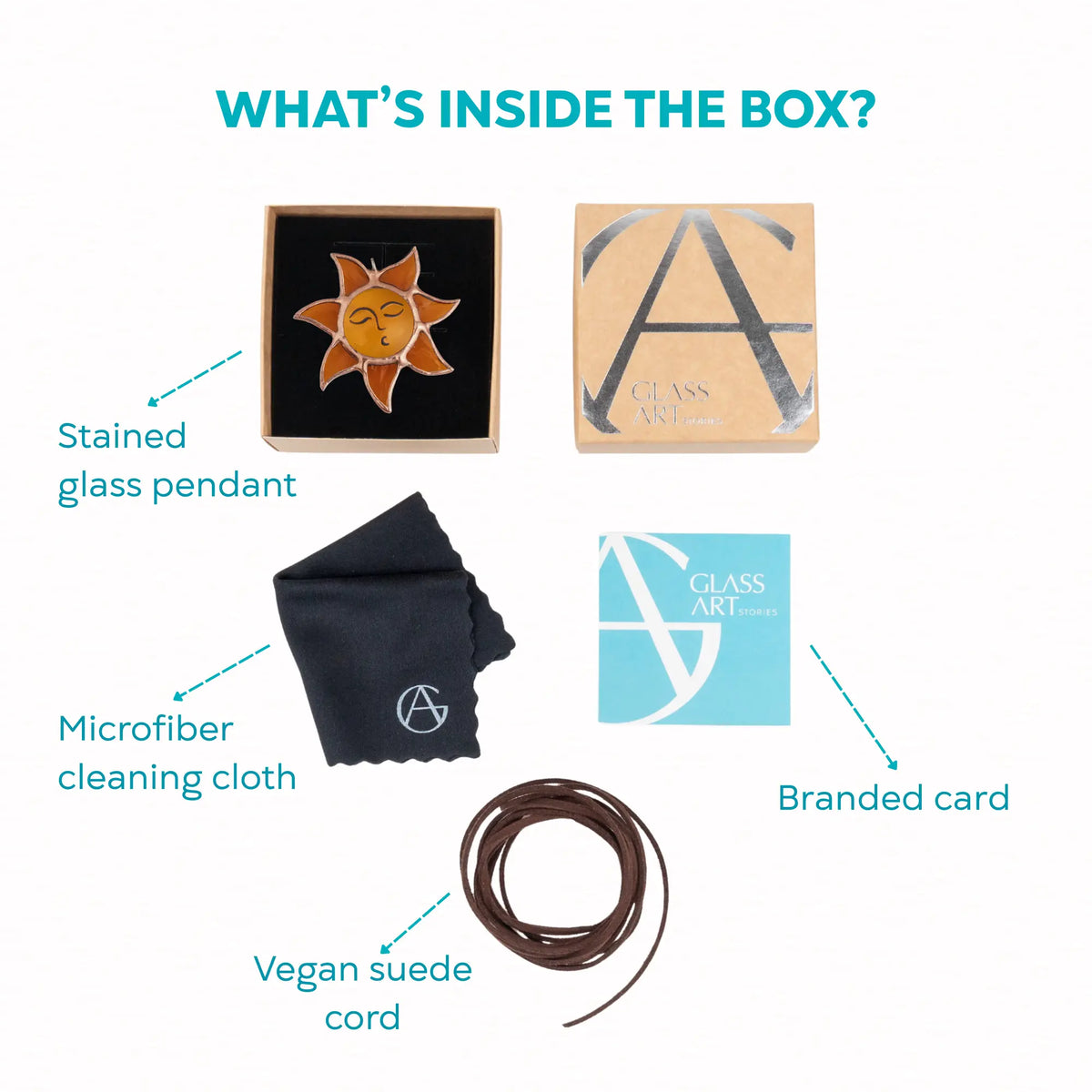 Gift set includes stained glass sun pendant, brown cord, blue card, and branded cloth, all displayed from above