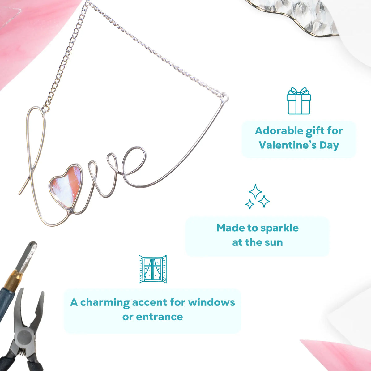 Infographic featuring a love stained glass wire sign with an iridescent pink heart, presented as an adorable Valentine’s Day gift.