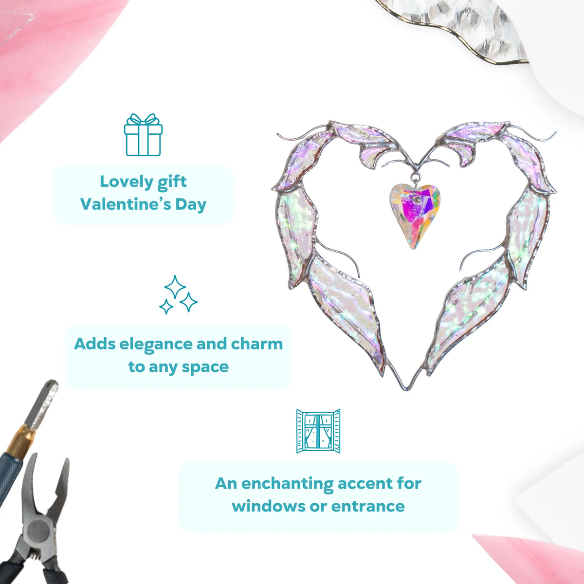 Romantic stained glass heart suncatcher with shimmering iridescent feathers and a crystal heart, shown as a Valentine’s Day gift idea.