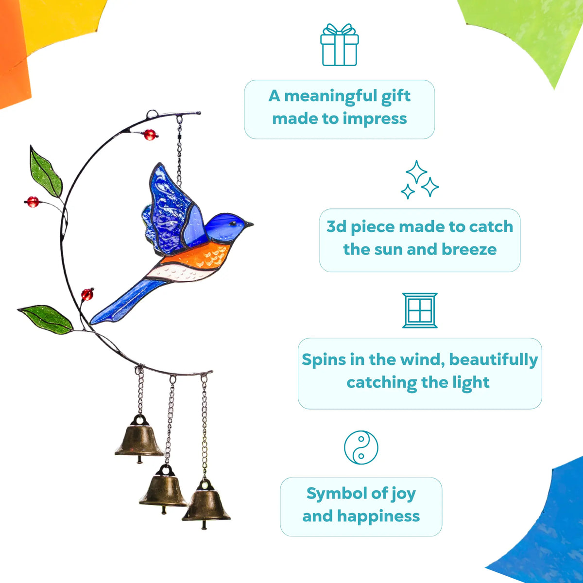 3d Bluebird with Bells - Stained Glass Wind Chime