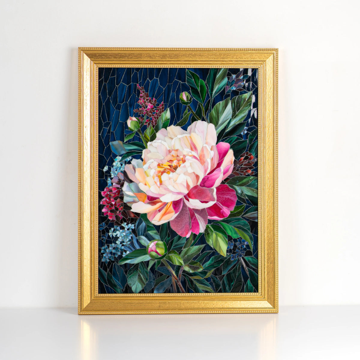 Pink peony stained glass mosaic in a gold frame, handmade from hundreds of cathedral glass pieces on a deep navy background — framed floral wall art and a one-of-a-kind statement piece for the home