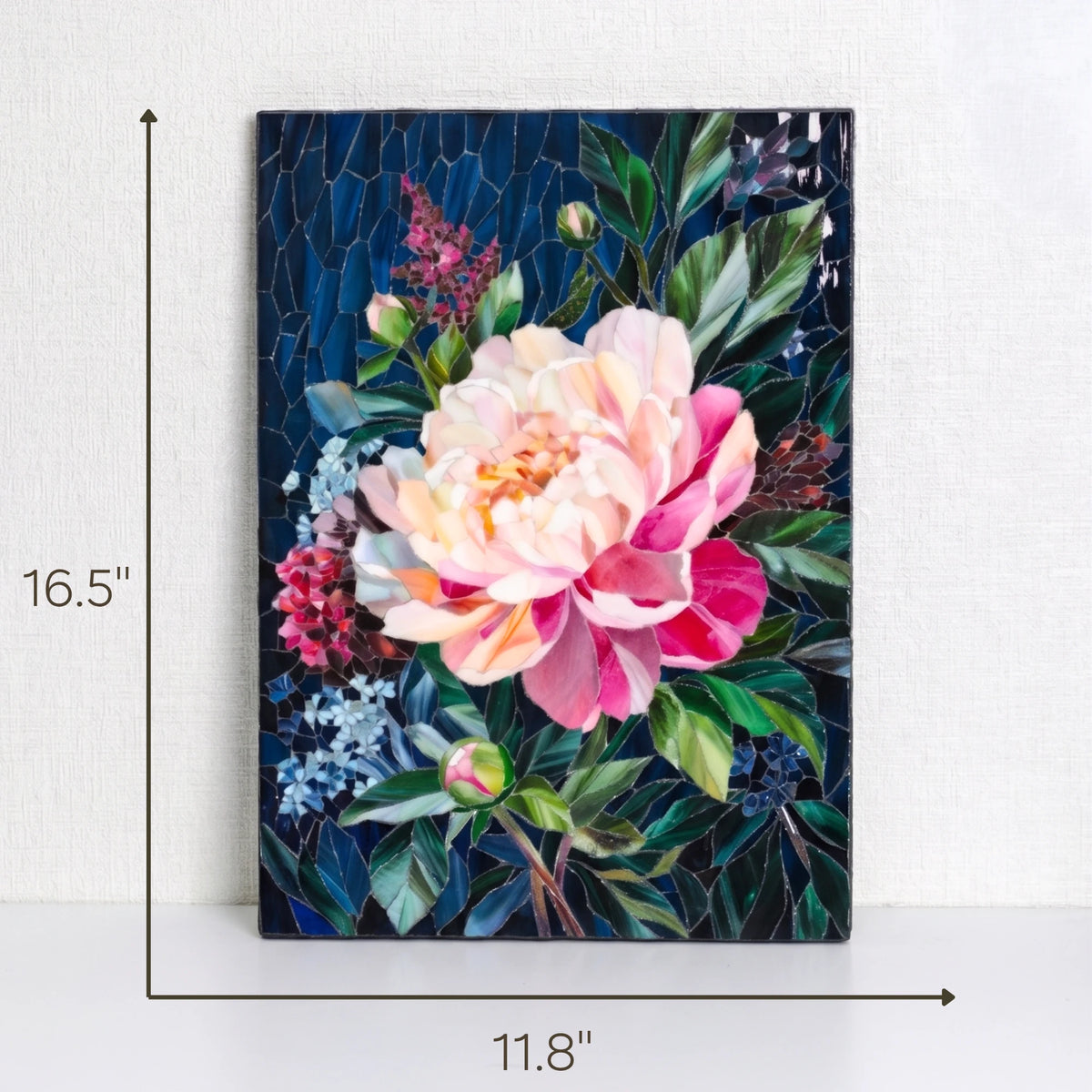 Pink peony stained glass mosaic shown with its dimensions, 11.8 by 16.5 inches, on a deep navy glass background — sizing guide for this handmade framed floral wall art