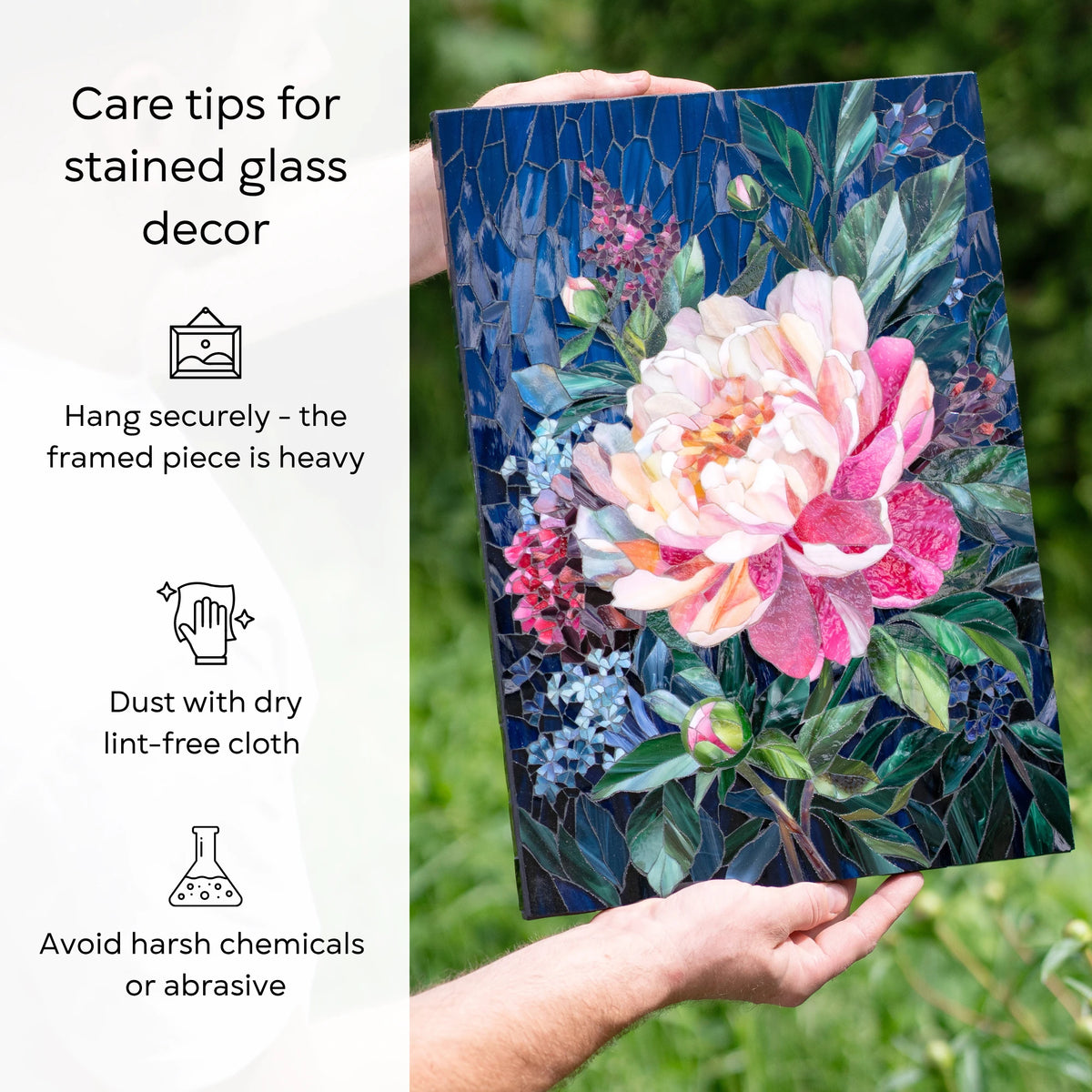 Peony stained glass mosaic with care tips — hang securely as the framed piece is heavy, dust with a dry lint-free cloth, and avoid harsh chemicals or abrasives — handmade stained glass wall art