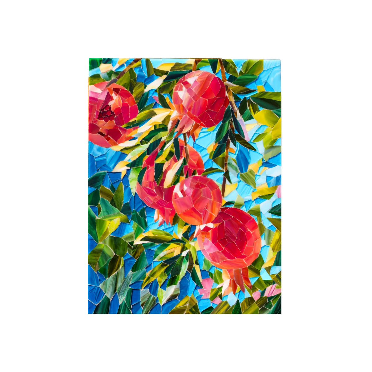 Pomegranate stained glass mosaic wall art on a white background, handmade from hundreds of hand-cut glass pieces - ripe red pomegranates and green leaves on a branch against a bright blue glass sky, one fruit split open