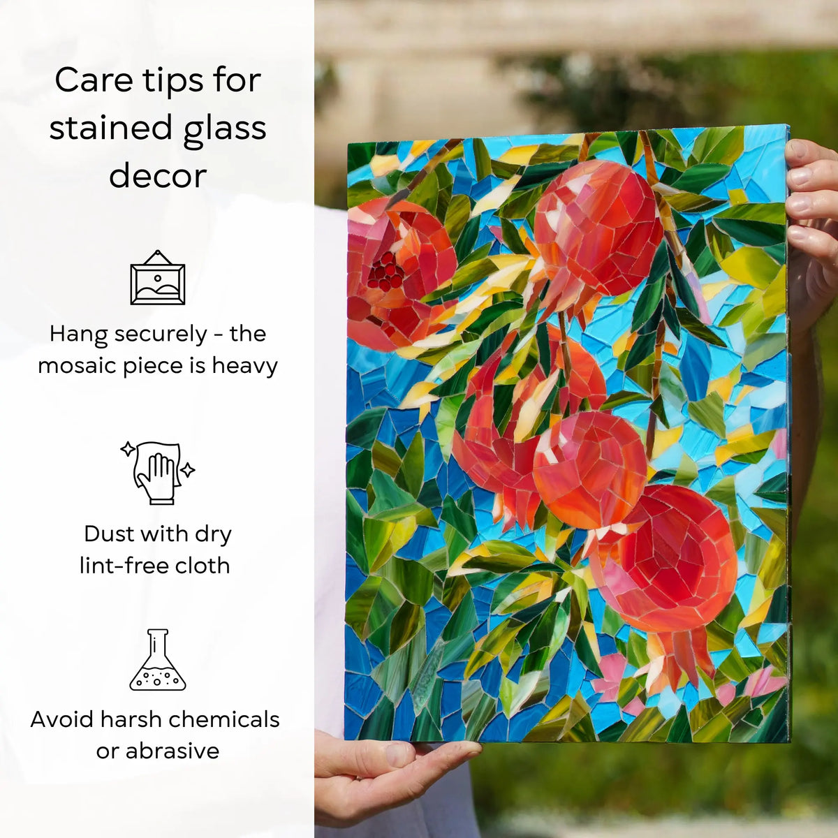 Handmade pomegranate stained glass mosaic wall art by Glass Art Stories with care tips: hang securely, dust with dry cloth and avoid harsh chemicals