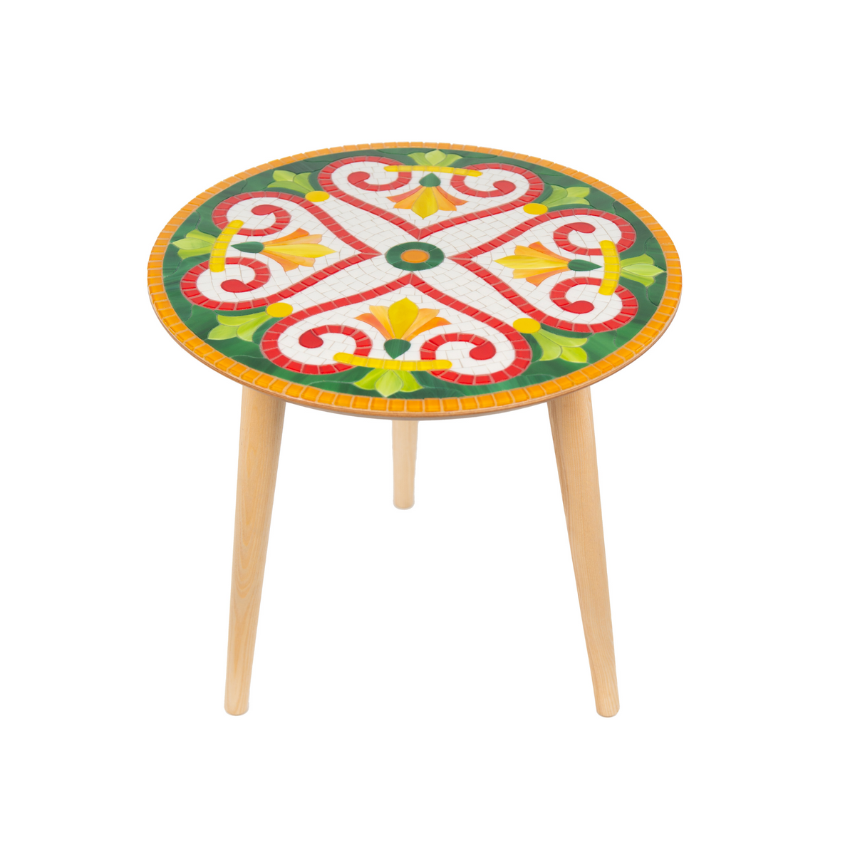 Round table with colorful decorative mosaic top featuring versace pattern