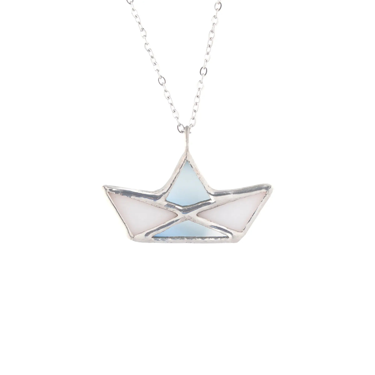 Handmade white paper boat stained glass necklace - origami-style boat pendant with copper foil seams on a stainless steel chain, a nautical gift for her