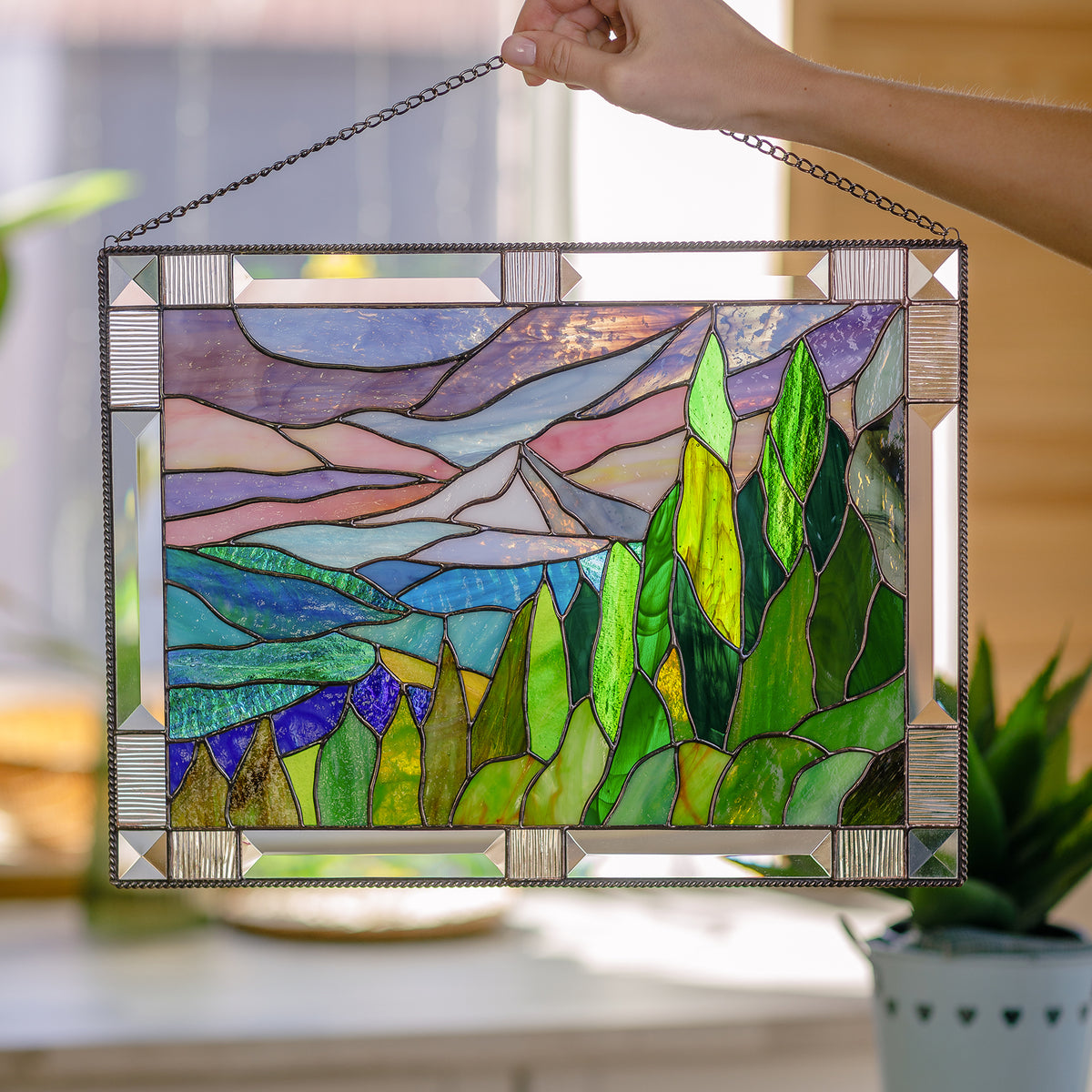 Stained glass Mount Hood panel window hanging