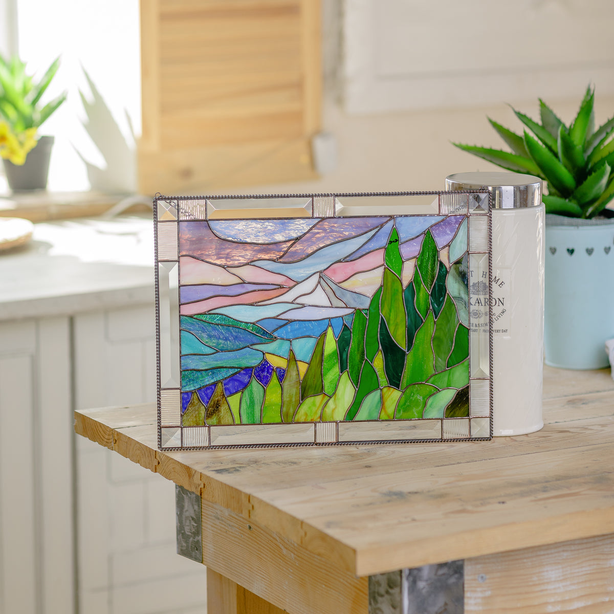 Stained glass panel depicting Mount Hood