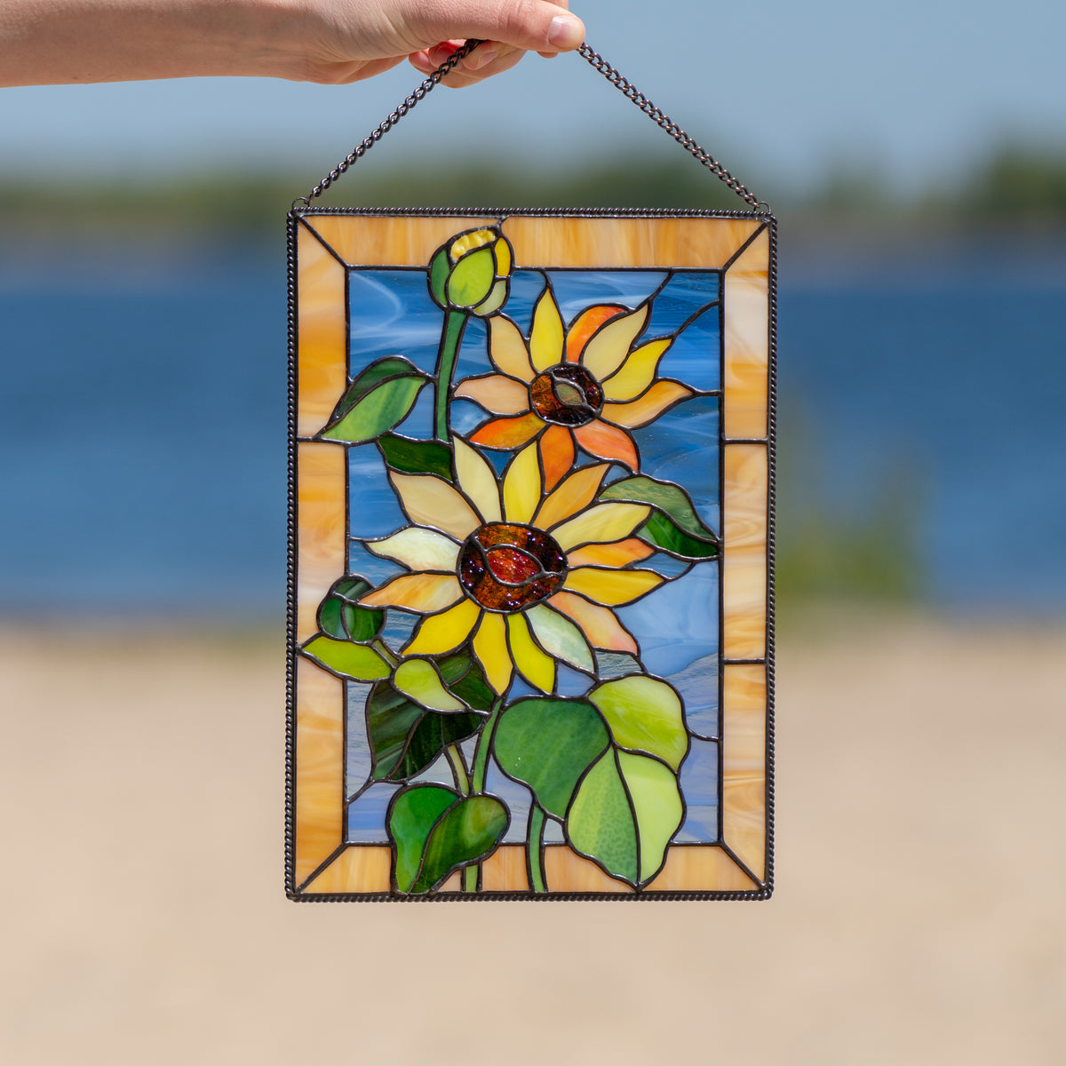 Stained glass sunflowers window hanging for Ukrainian decor