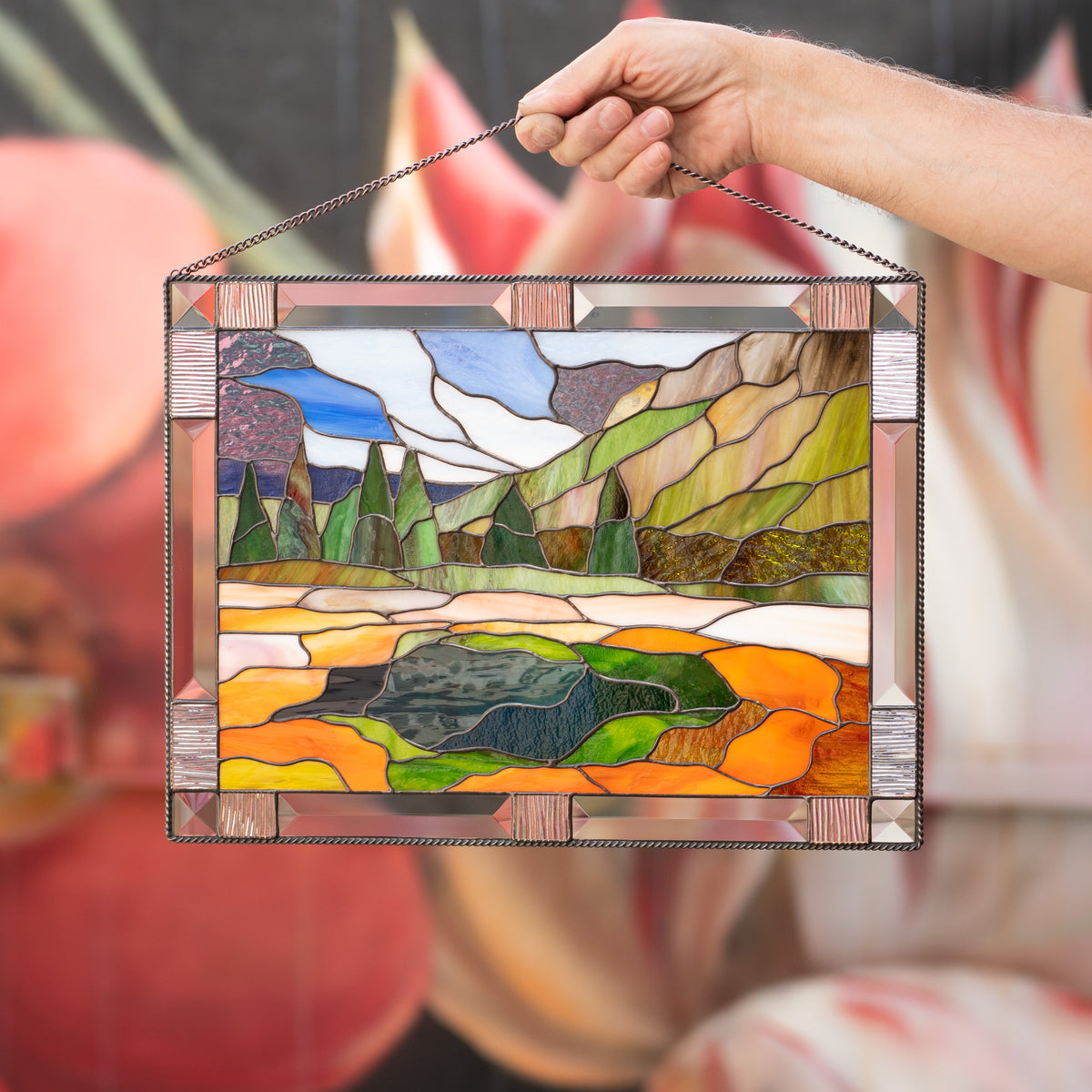 Landscape of Yellowstone national park window panel of stained glass