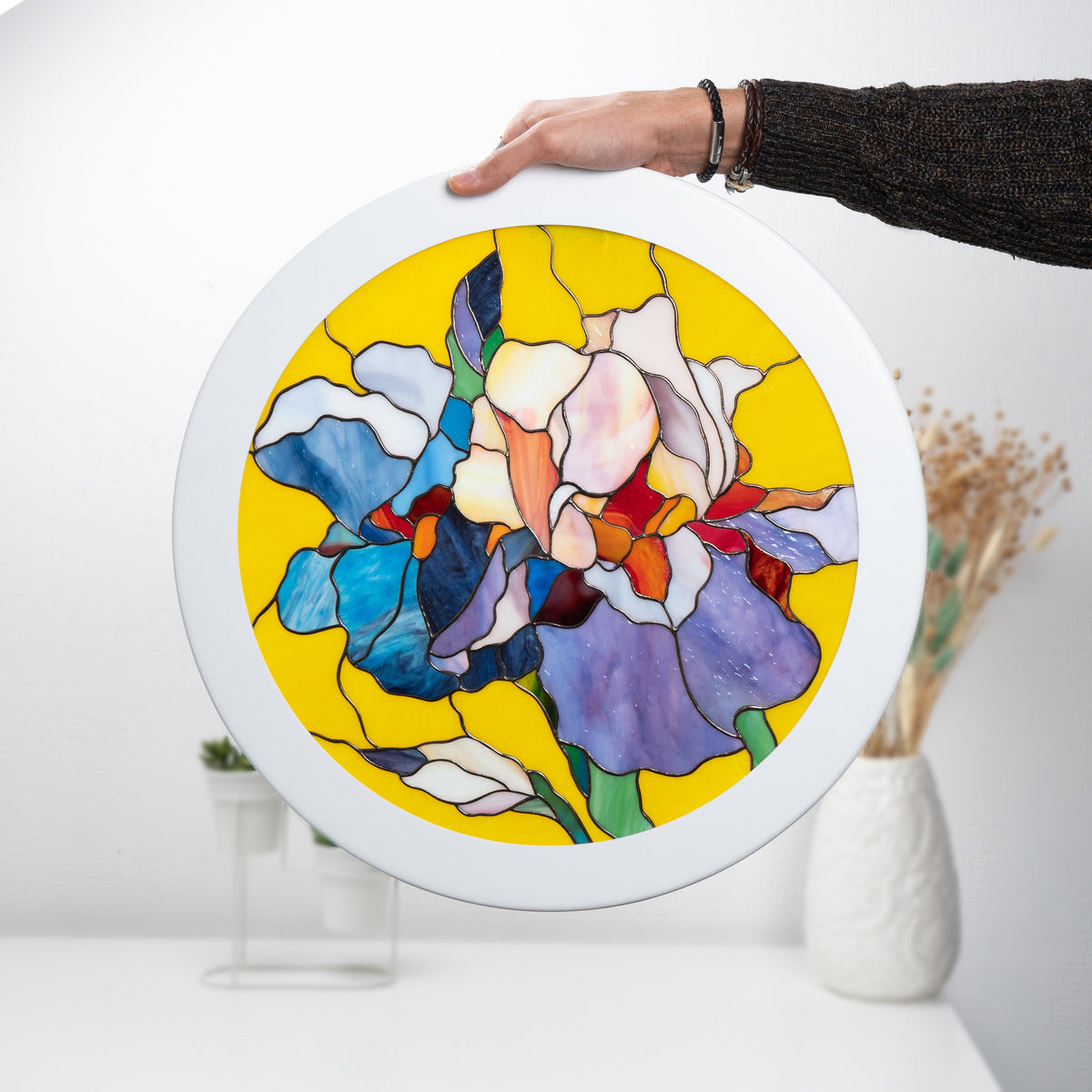 Stained glass window hanging depicting iris 