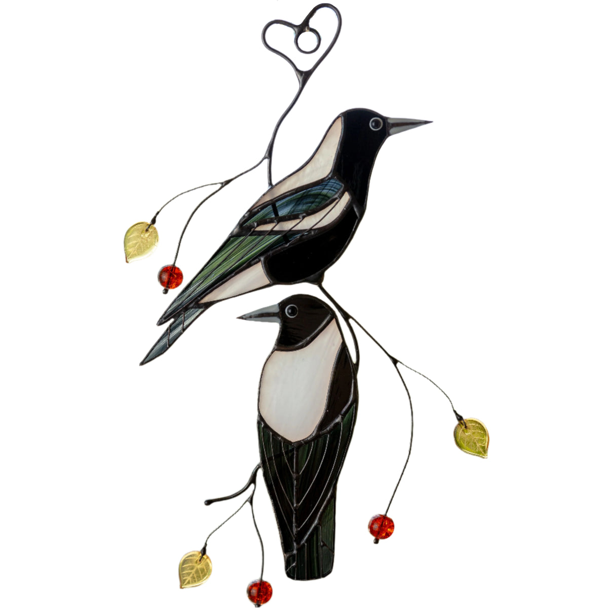 2 stained glass Australian magpies one below and one above suncatchers