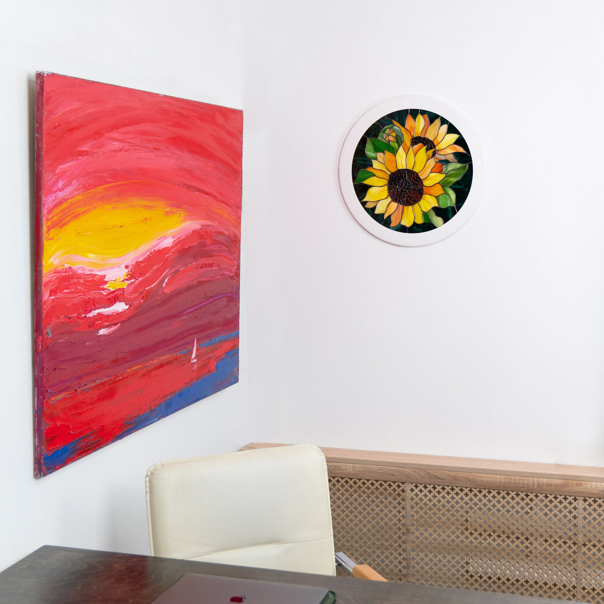Round stained glass panel predicting sunflowers on the wall