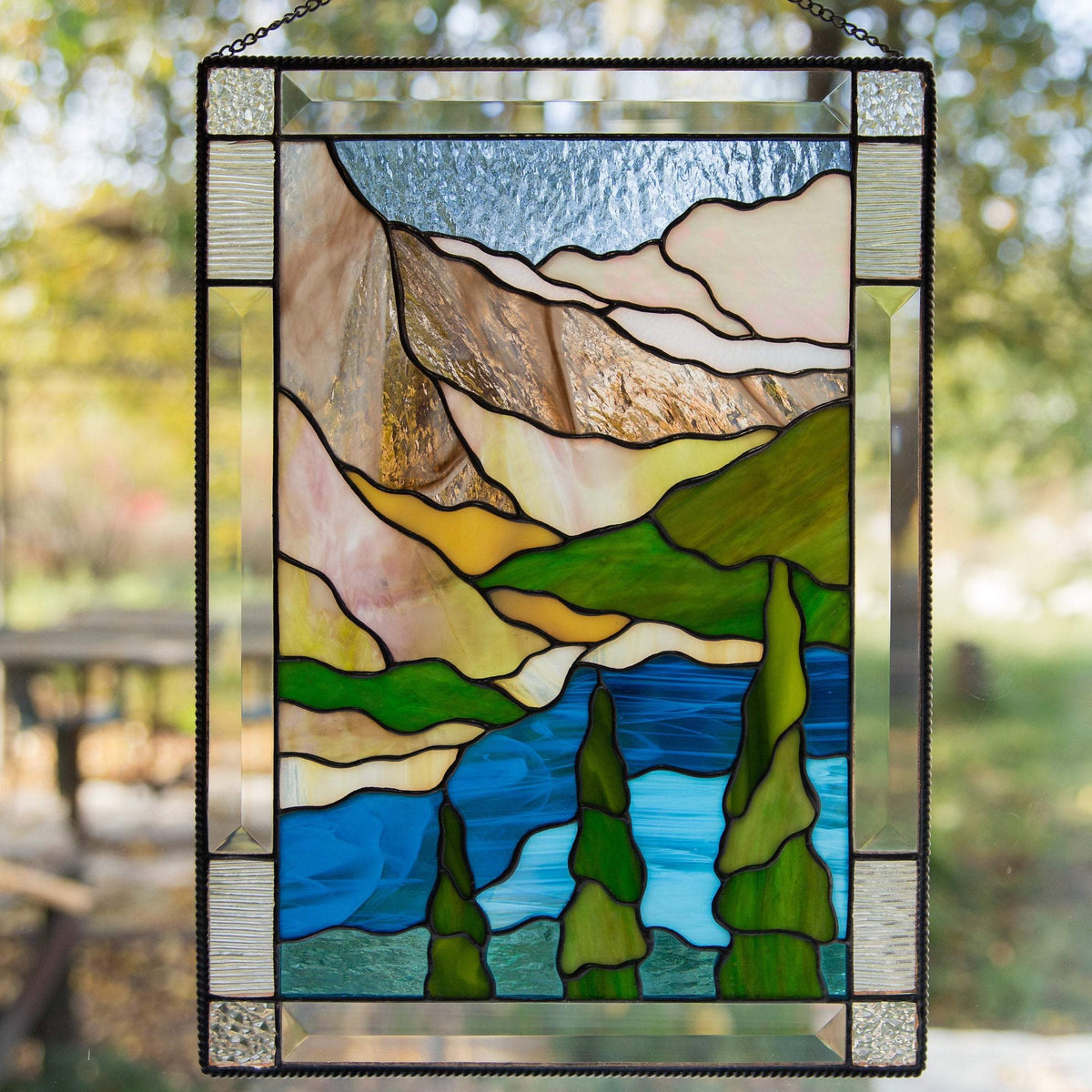 Banff national park stained glass panel depicting mountains, waters, firs for home decoration